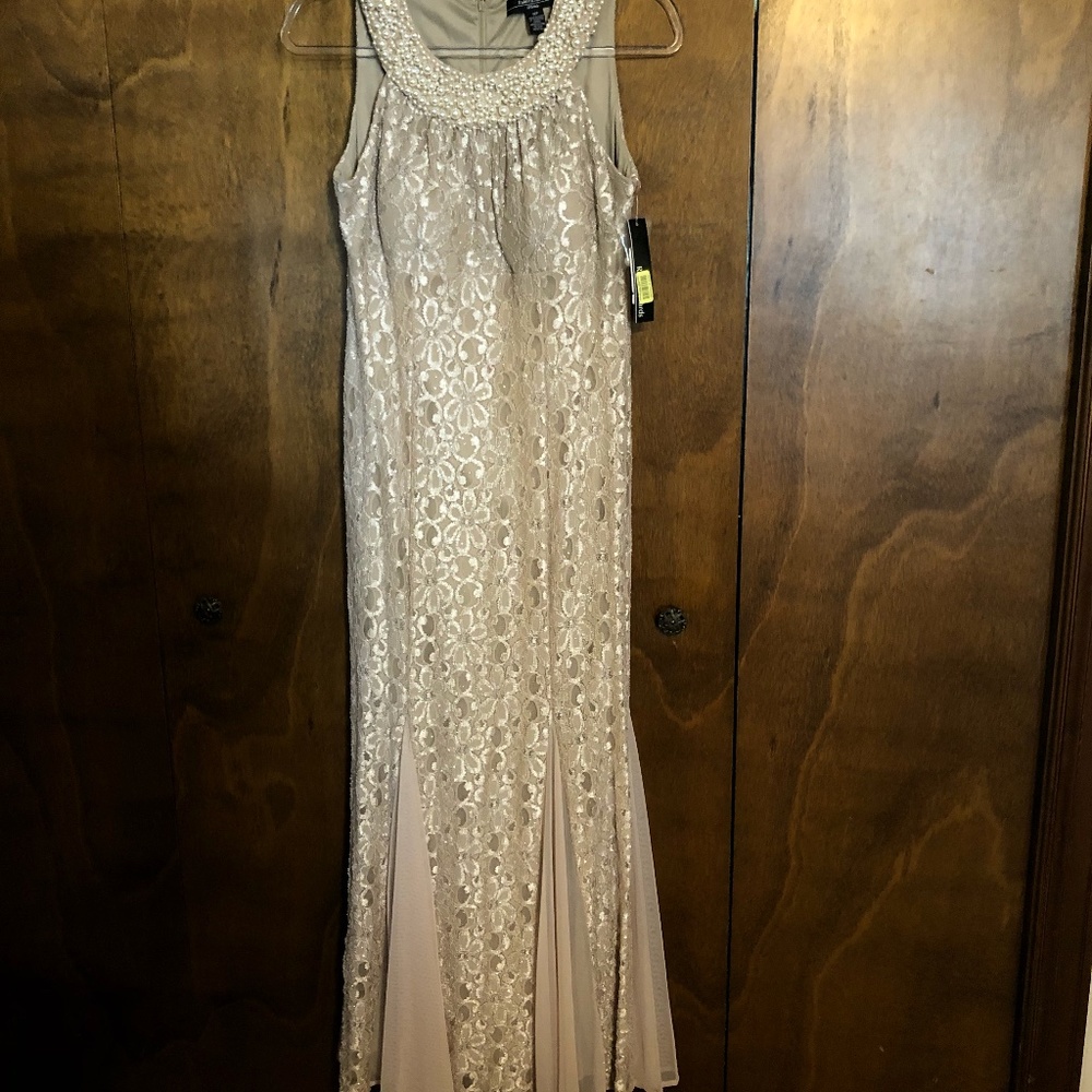 Beaded-neck glitter long evening dress